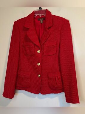 Victor Alfaro Red Bouclé Blazer with Gold Buttons 10